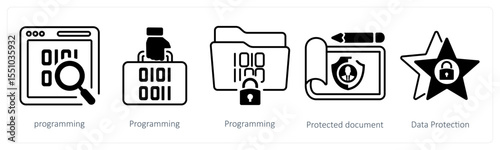 A set of 5 mix icons as programming, protected document, data protection