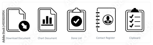 A set of 5 mix icons as download documen, chart document, done list