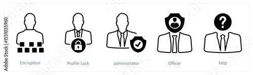 A set of 5 mix icons as encryption, profile lock, administrator