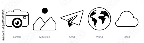 A set of 5 mix icons as camera, mountain, send