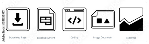 A set of 5 mix icons as download page, excel document, coding
