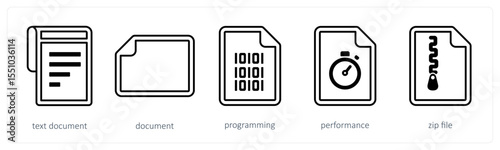 A set of 5 mix icons as text document, document, programming
