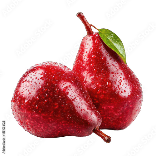 Two vibrant red pears with water droplets