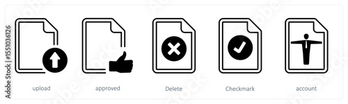 A set of 5 mix icons as upload, approved, delete