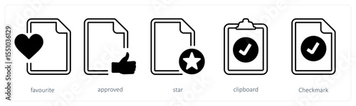 A set of 5 mix icons as favorite, approved, star