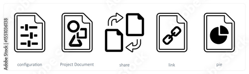 A set of 5 mix icons as configuration, project document, share