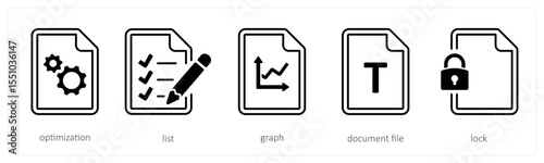 A set of 5 mix icons as optimization, list, graph