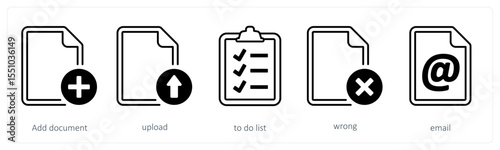 A set of 5 mix icons as add document, upload, to do list