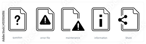 A set of 5 mix icons as question, error file, maintenance