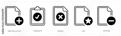 A set of 5 mix icons as add document, clipboard, delete