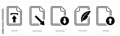 A set of 5 mix icons as upload, download, compose