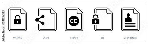 A set of 5 mix icons as security, share, license