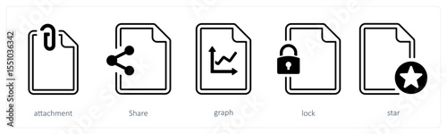 A set of 5 mix icons as attachment, share, graph