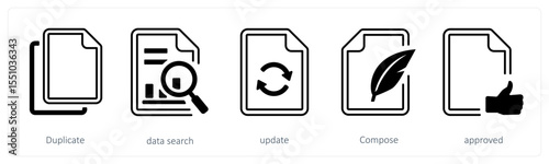 A set of 5 mix icons as duplicate, data search, update