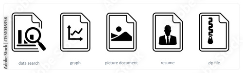 A set of 5 mix icons as data search, graph, picture document