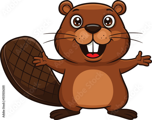 Cute cartoon beaver character with big tail and happy smile, vector illustration for kids, animal mascot, woodland creature design for education, fun, print
