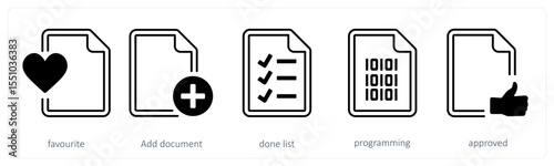 A set of 5 mix icons as favorite, add document, done list