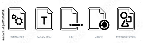 A set of 5 mix icons as optimization, document file, edit