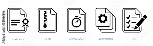 A set of 5 mix icons as certificate, zip file, performance