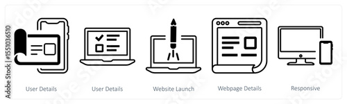 A set of 5 mix icons as user details, website launch, webpage details
