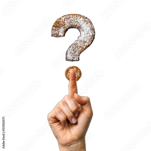 Hand pointing at a textured question mark