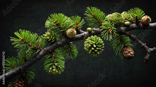 Larch bough unfolds against a dark canvas, adorned with verdant needles and burgeoning cones, a promise of seasons turning