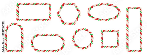 Set of striped frames with red, white, and green candy cane texture. Includes circular, square, and oval borders. Designed as decorative holiday elements for templates and cards. Vector illustration.