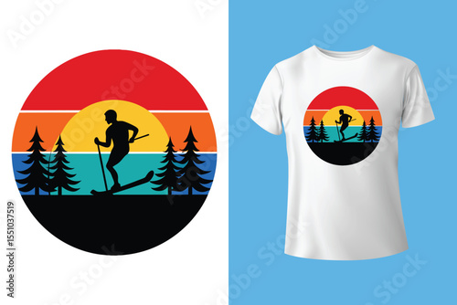 Ski winter sport vintage typography t shirt design with glasses and skier silhouette	

