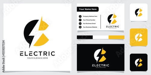 Initial C Letter with Lightning Bolt Logo Vector Design with business card design