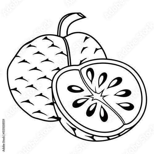 Line Art Illustration of a Cherimoya Fruit, Whole and Sliced