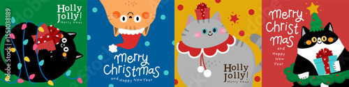 Merry Christmas and happy new year greeting card with cute fluffy cat wear winter costume. Animal holidays cartoon character. Funny kitten set. -vector