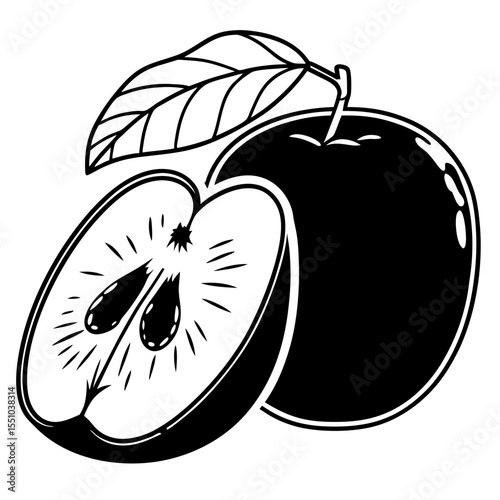 Fresh Apple Illustration Black and White Line Art of a Whole and Halved Apple