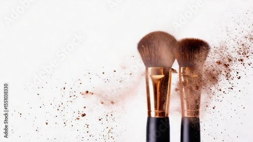 Make up brush and colored powder, particles exploding on white background