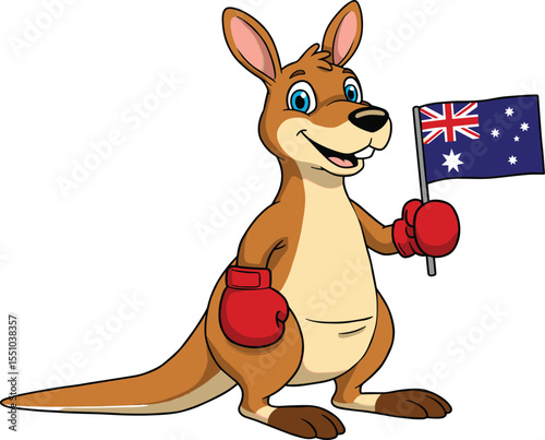 Cute cartoon kangaroo wearing red boxing gloves holding Australian flag, national symbol of Australia, fun wildlife mascot character, patriotic animal illustration, vector art
