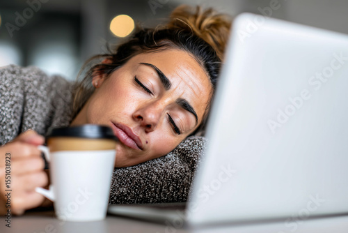 Close up, An exhausted customer service rep snoozing on her computer with her hand still clutched to her coffee