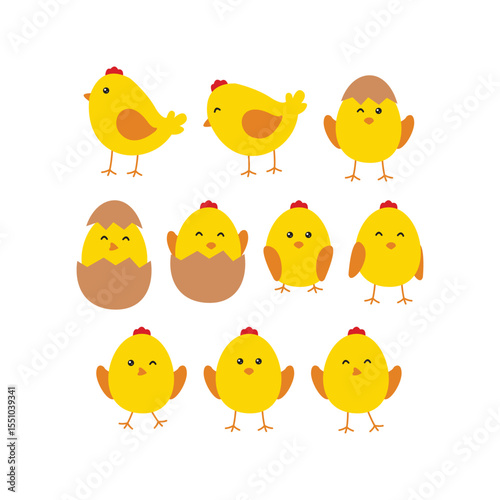 Collection of Cute Yellow Baby Chicks and Egg Shells for Easter