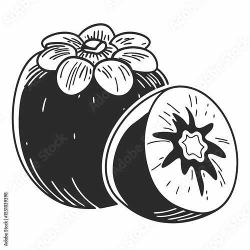 Hand-Drawn Illustration of a Whole and Halved Persimmon Fruit