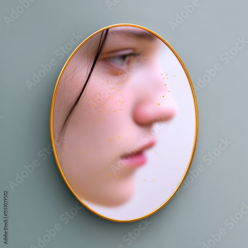 Closeup Portrait Reflection of Young Woman in Oval Gold Frame Mirror