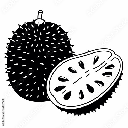 Soursop Illustration Black and White Drawing of a Tropical Fruit