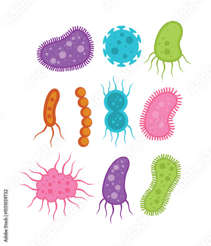 Colorful hand drawn abstract bacteria and microbes illustrations collection