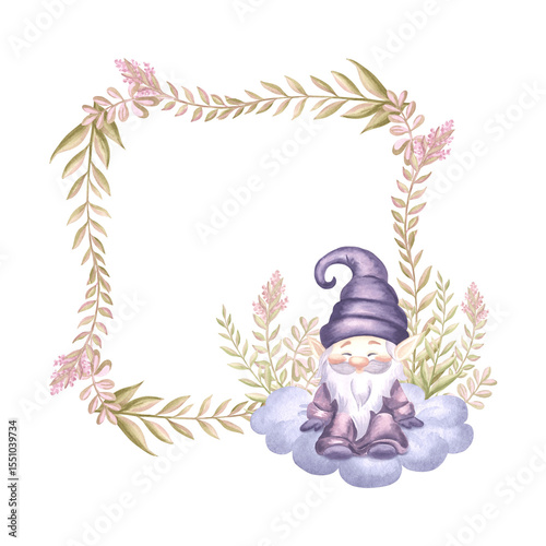 Cute sitting gnome and flower sprigs watercolor illustration. Hand drawn isolated square frame. Floral border background with elf for baby design. Template postcard with copy space childrens theme.