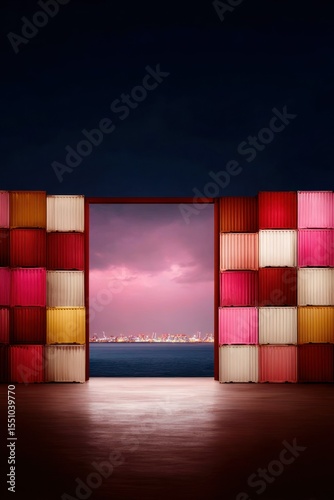 Colorful Shipping Containers Framing Night Cityscape