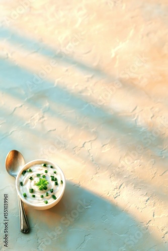 Creamy Dip with Fresh Chives in White Bowl on Textured Background