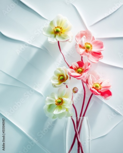 Delicate Pink and White Anemones in Glass Vase on Textured Background