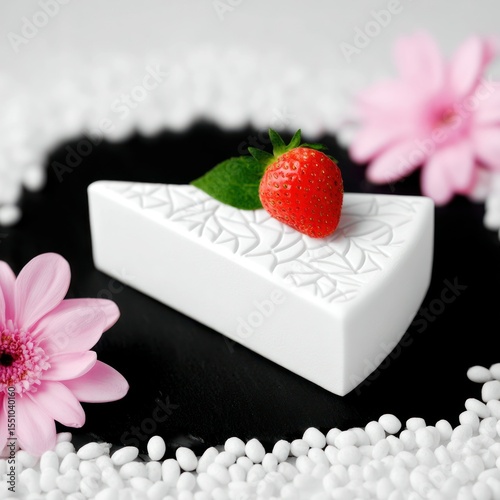 Delicate White Cheesecake Slice with Strawberry and Pink Flowers
