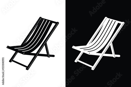 Deck Chair Silhouette Vector. Minimal Icon Isolated on Black White Background