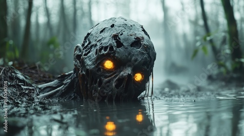 A haunting skull partially submerged in murky water with glowing orange eyes, surrounded by a misty forest, creating an eerie atmosphere with an unsettling presence.