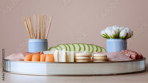Elegant Appetizer Platter with Sushi Salmon Cheese and Cucumber
