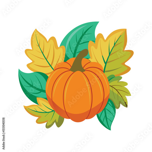This vibrant vector illustration features an orange pumpkin with leaves, embodying the essence of autumn, Halloween, and Thanksgiving harvest