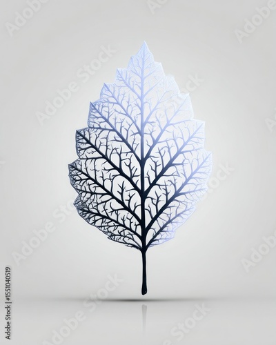 Ethereal Leaf Shadow: Blue and Grey Veined Leaf Silhouette on Light Grey Background